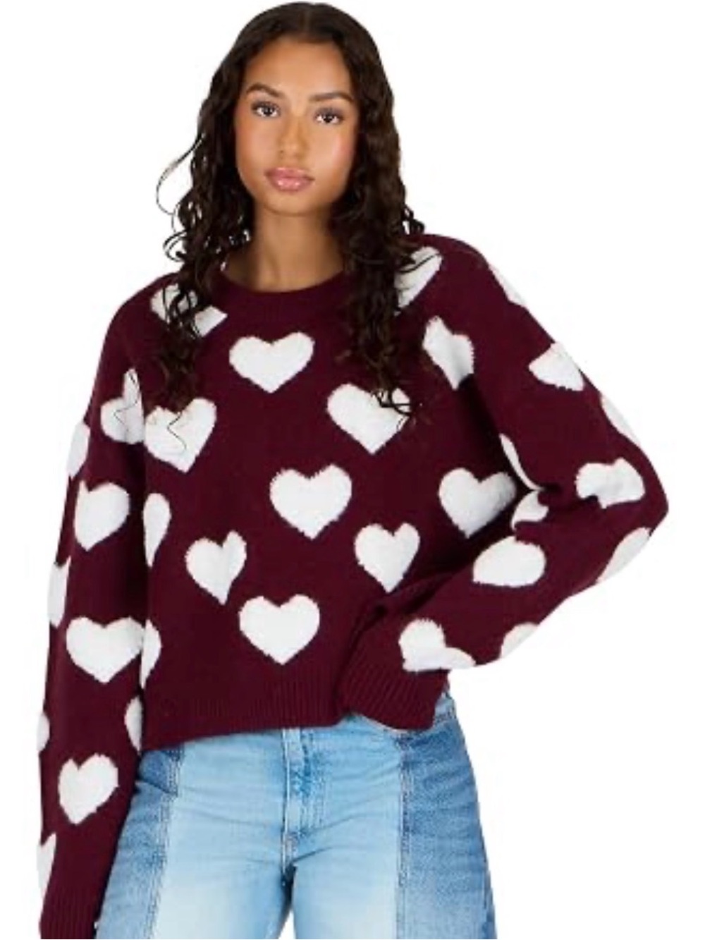 Forever 21 Maroon Crewneck Sweater with Ivory Heart Pattern